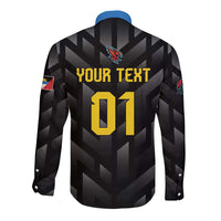 Black long-sleeve button cricket shirt with back numeral 01 and bird logo