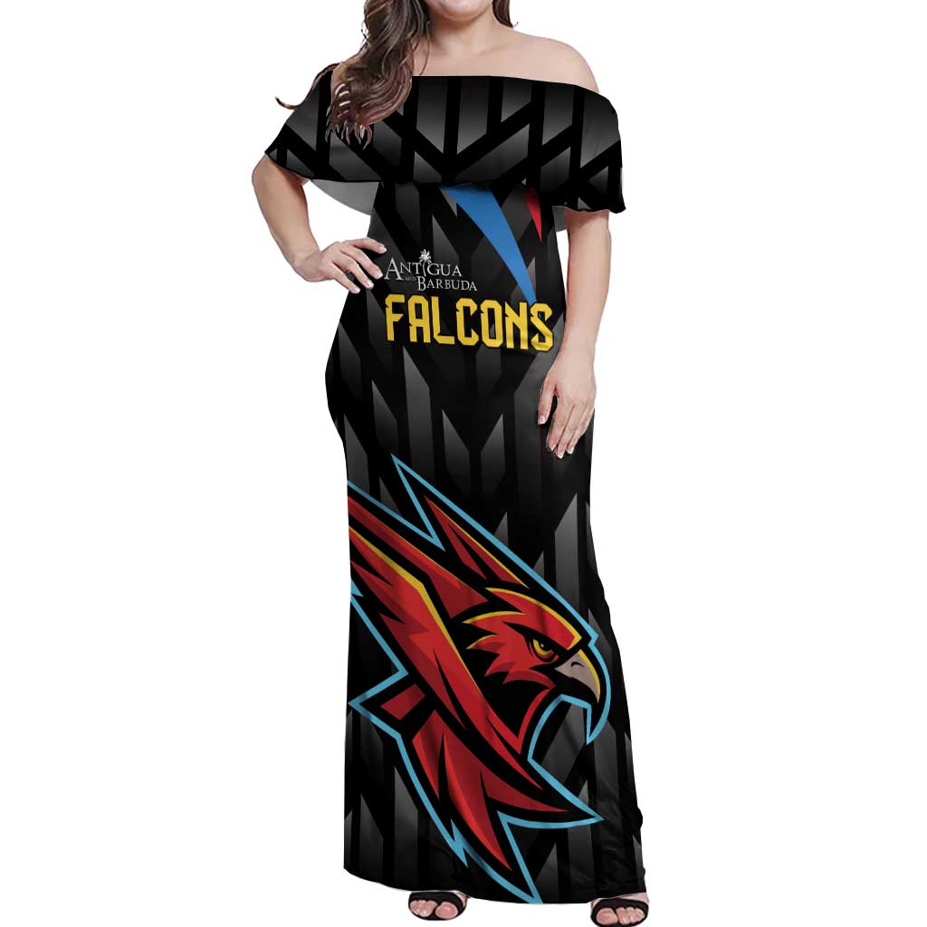 Custom Antigua and Barbuda Cricket Off Shoulder Maxi Dress Falcons Flying High - Wonder Print Shop