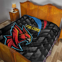 Black Falcons quilt on bed with quilted texture and eagle head graphic