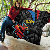 Black Falcons quilt with eagle head, red/blue stripes, and quilted diamond texture