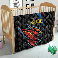 Black Falcons quilt for crib with quilted design, eagle head, and red/blue stripes