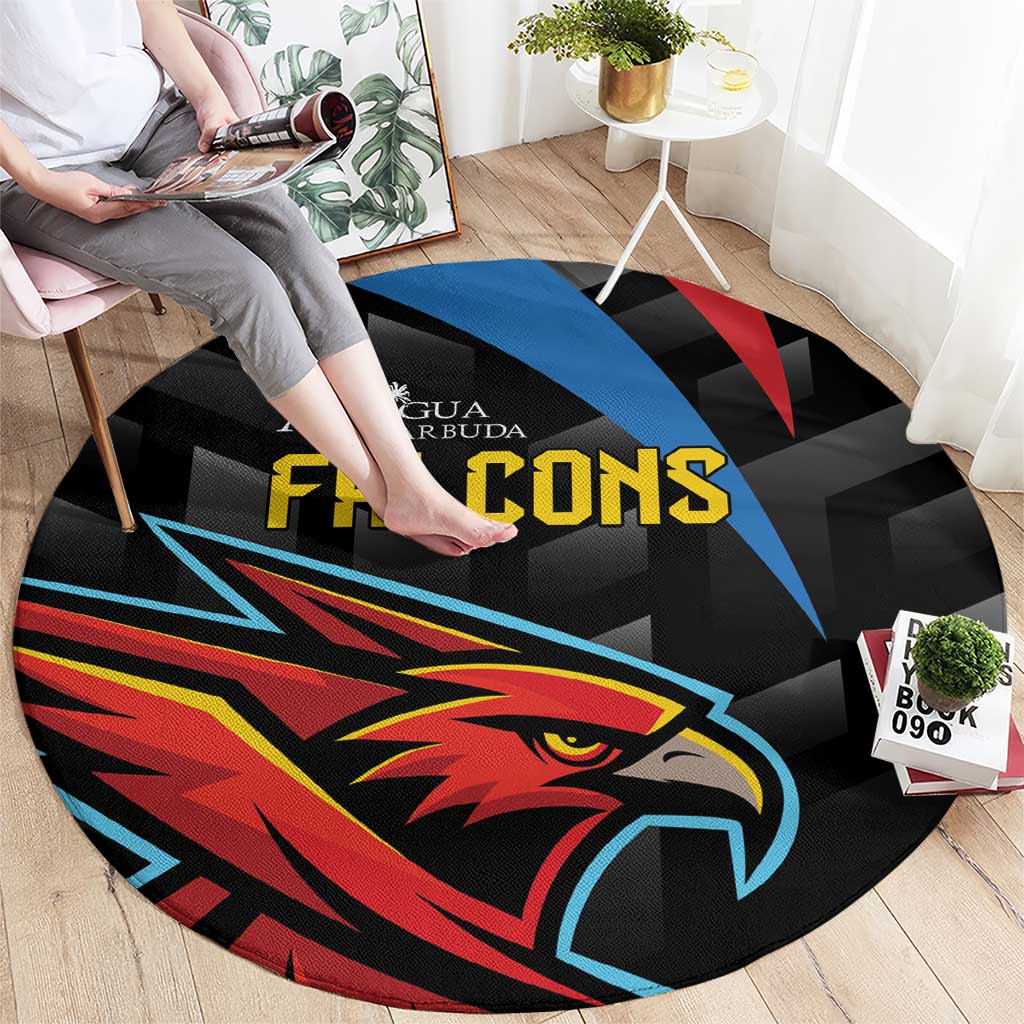 Black round carpet featuring Falcons eagle graphic with blue, red, and yellow accents