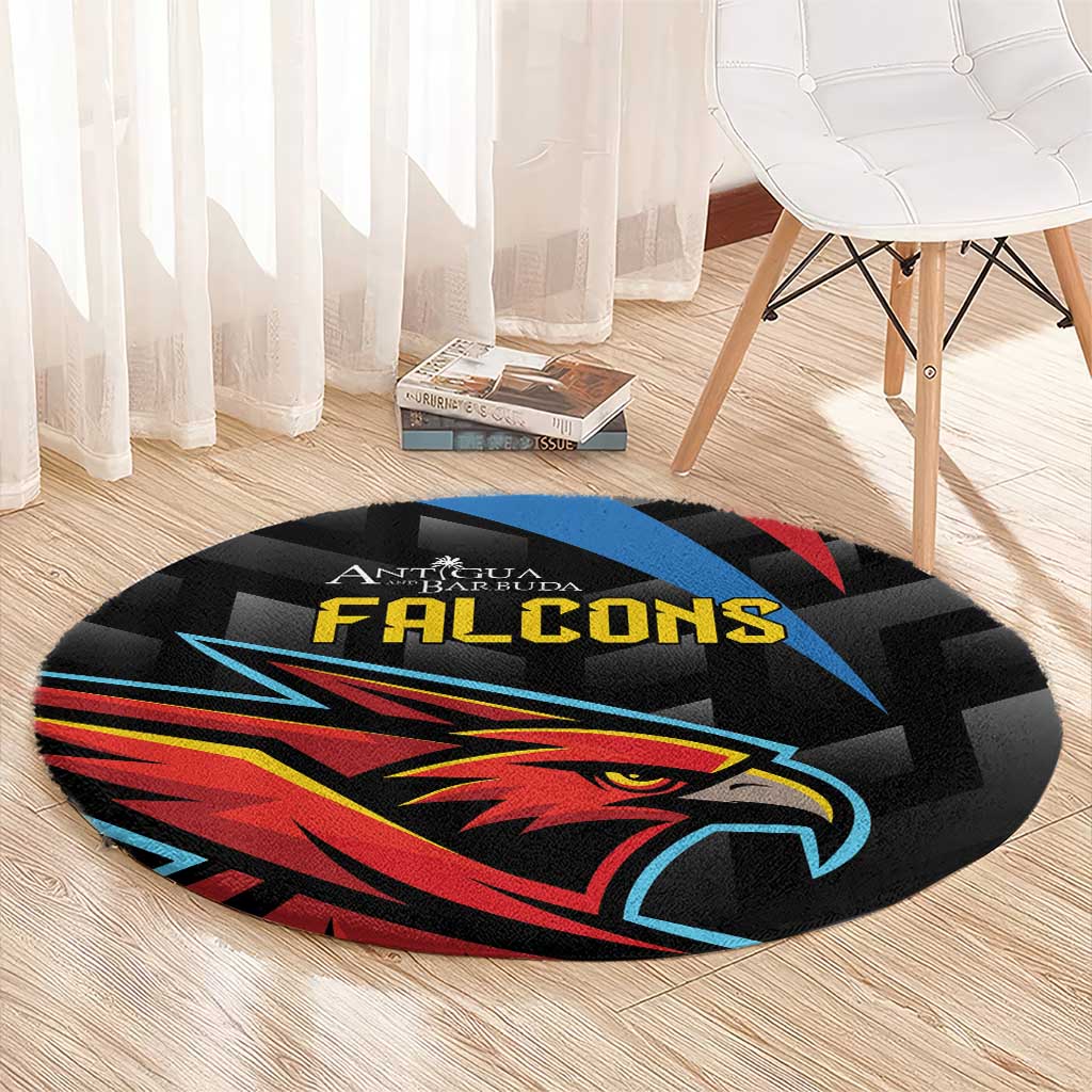 Black round carpet with centered Falcons eagle graphic in blue, red, and yellow