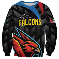 Black unisex crewneck sweatshirt with Falcons graphic and multicolor text on front