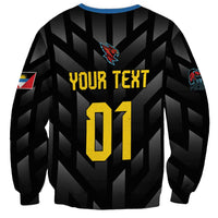 Black unisex sweatshirt back with custom text, number 01, and Falcons logo
