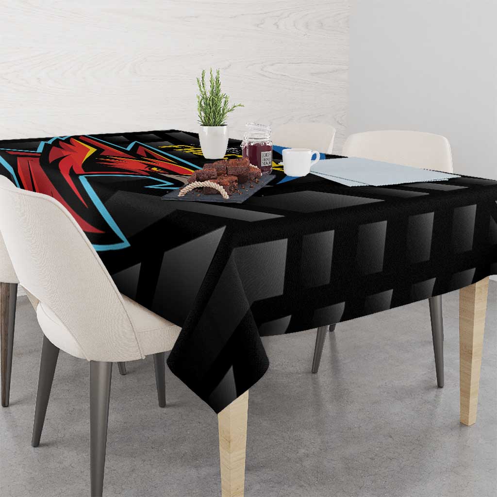 Black cricket tablecloth with Falcons emblem and geometric pattern across tabletop