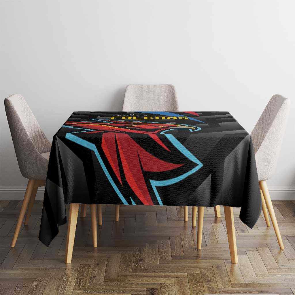 Black cricket tablecloth with Falcons center design on square dining table