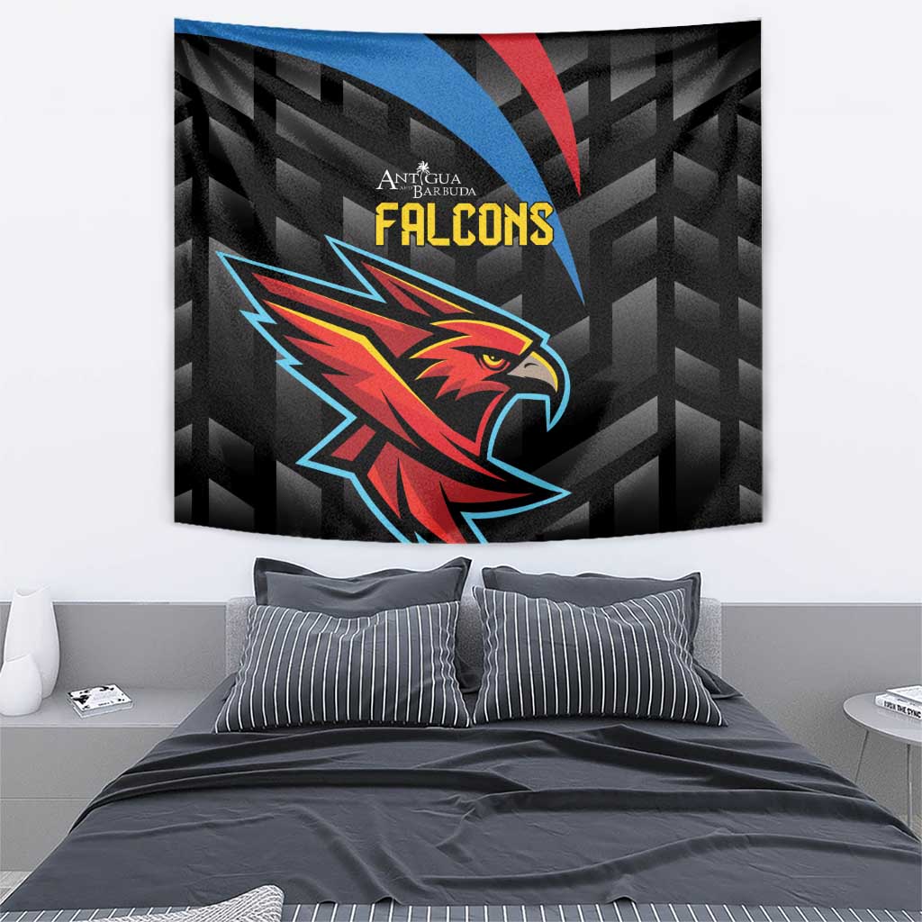 Black Falcons tapestry featuring a large red-and-blue falcon head and “Antigua and Barbuda” text