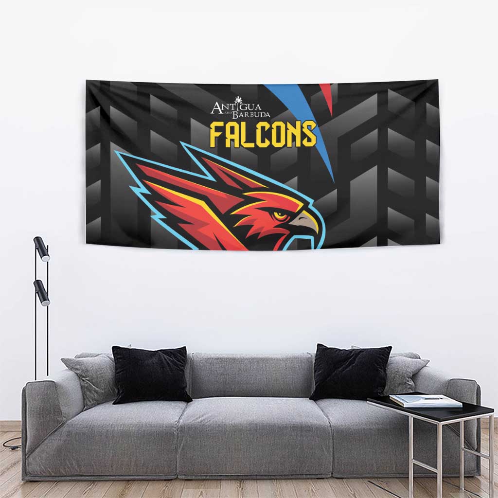Black Falcons tapestry with large red-and-blue falcon head graphic and “FALCONS” text