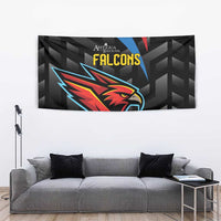 Black Falcons tapestry with large red-and-blue falcon head graphic and “FALCONS” text