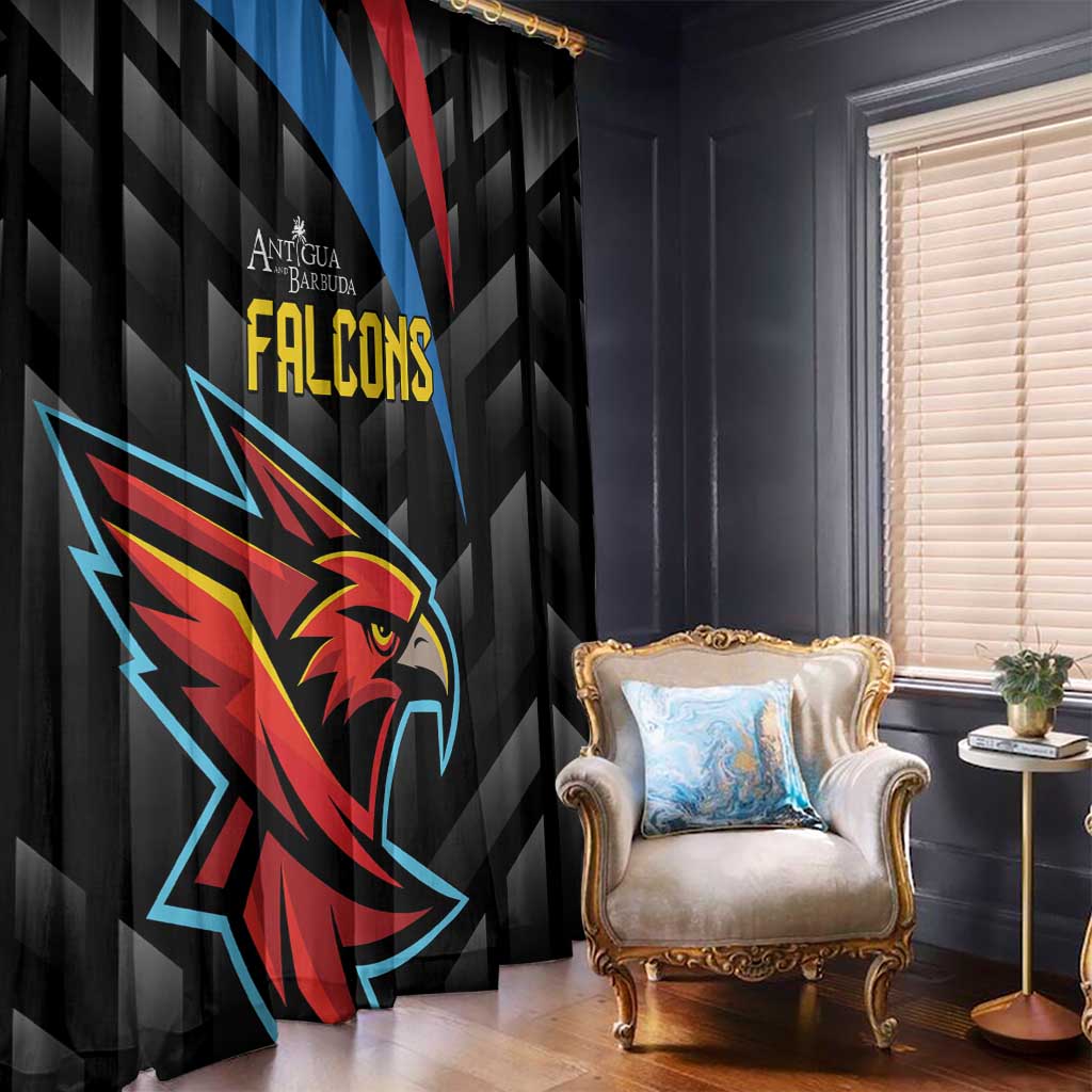 Black window curtain panel with large Falcons mascot face and diagonal stripe design