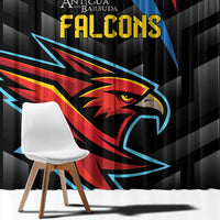Black Falcons window curtain panel with yellow “FALCONS” text and stylized falcon head