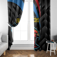 Black window curtain pair with Falcons logos, diagonal stripes, and blue and red highlights