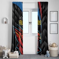 Black window curtain panels featuring Falcons mascot art with blue and red diagonal stripes