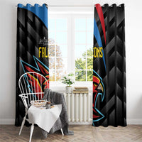 Black Falcons window curtain panels on a rod with blue and red diagonal stripes