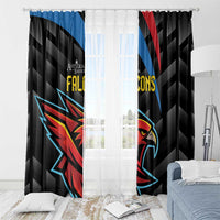 Black window curtain pair with Falcons mascot art and diagonal blue, red, and yellow accents