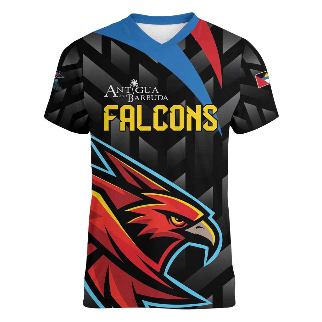 Custom Antigua and Barbuda Cricket Women V-Neck T-Shirt Falcons Flying High - Wonder Print Shop