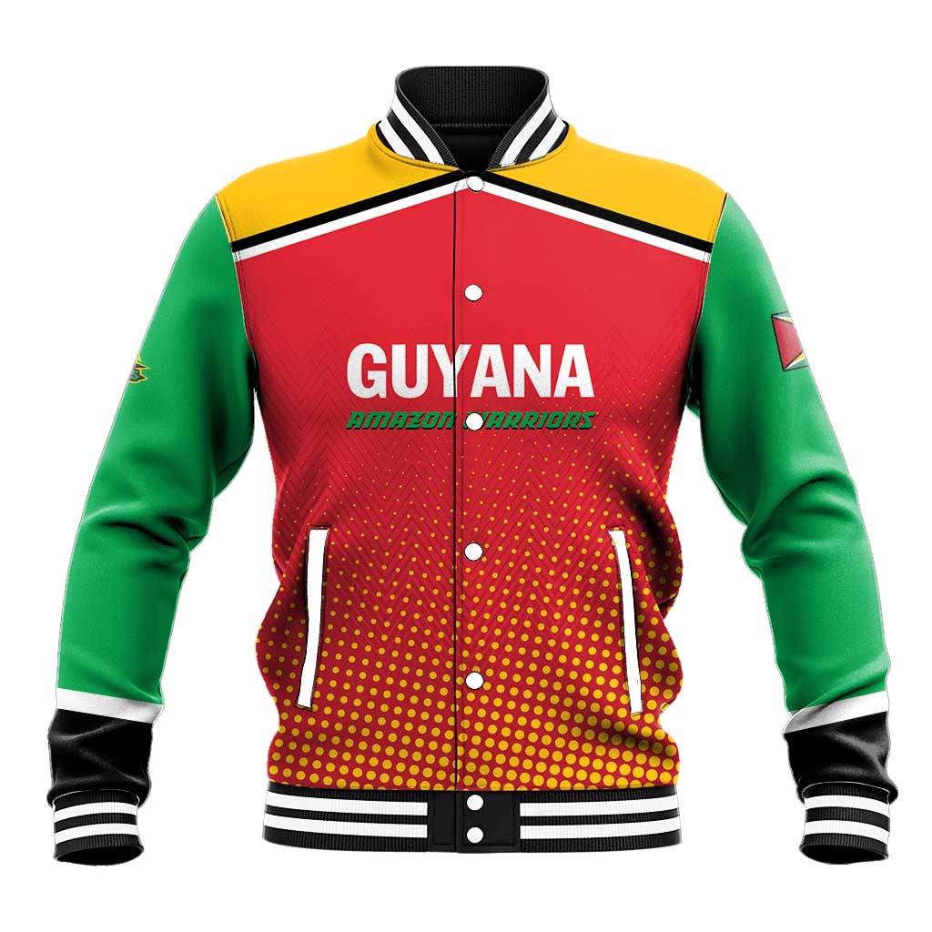 Baseball-style varsity jacket, red front with Guyana print, green sleeves, striped rib trim
