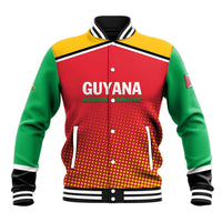 Baseball-style varsity jacket, red front with Guyana print, green sleeves, striped rib trim