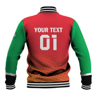 Baseball-style varsity jacket, red back with YOUR TEXT 01, green sleeves, striped rib trim