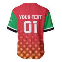 Red cricket baseball jersey back with green panels and yellow dot pattern, YOUR TEXT 01.