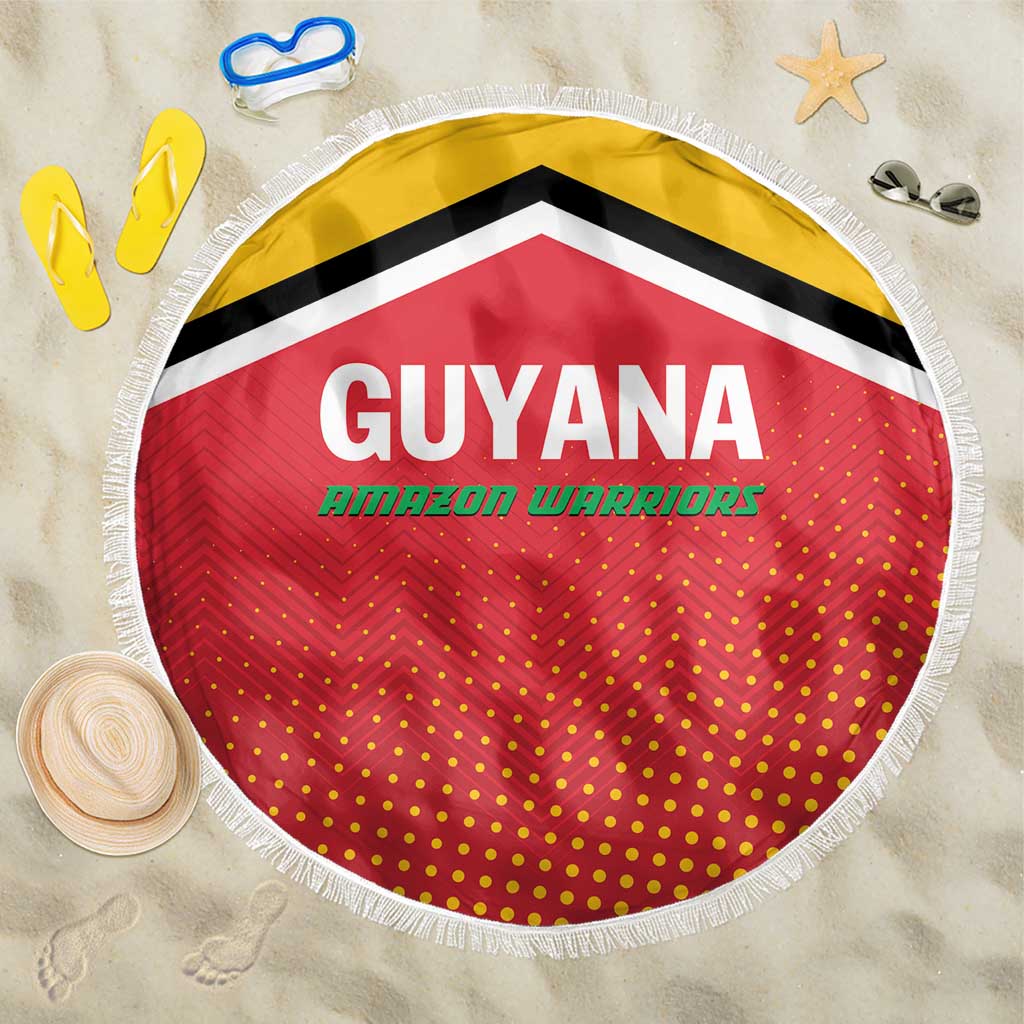 Red circular beach blanket with Guyana Amazon Warriors graphic, black/yellow stripes, fringe edge