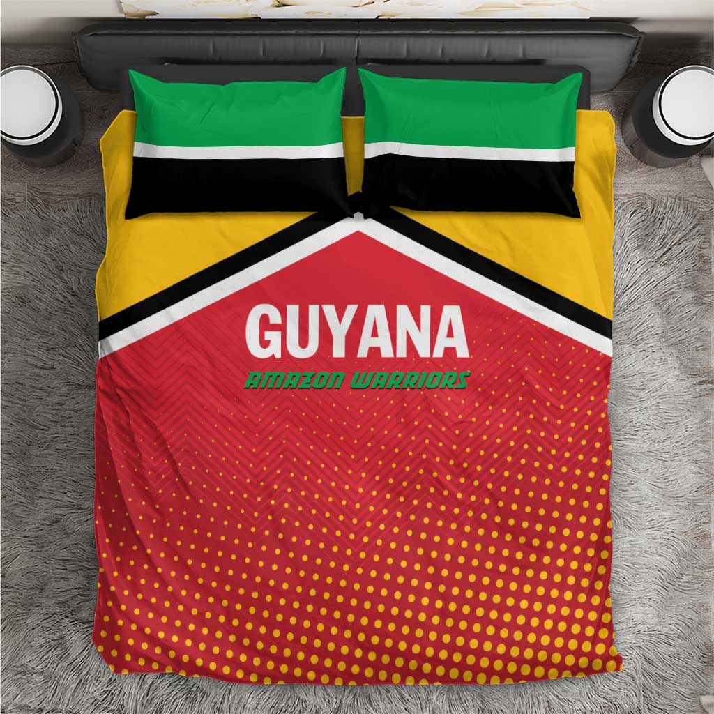 Guyana Amazon Warriors bedding set with red, yellow, green, black duvet and two pillows