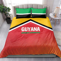 Guyana-themed duvet set: red dotted pattern with Guyana text, green and black stripe pillows