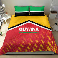Guyana bedding set with red duvet, yellow side panels, green-and-black striped pillows