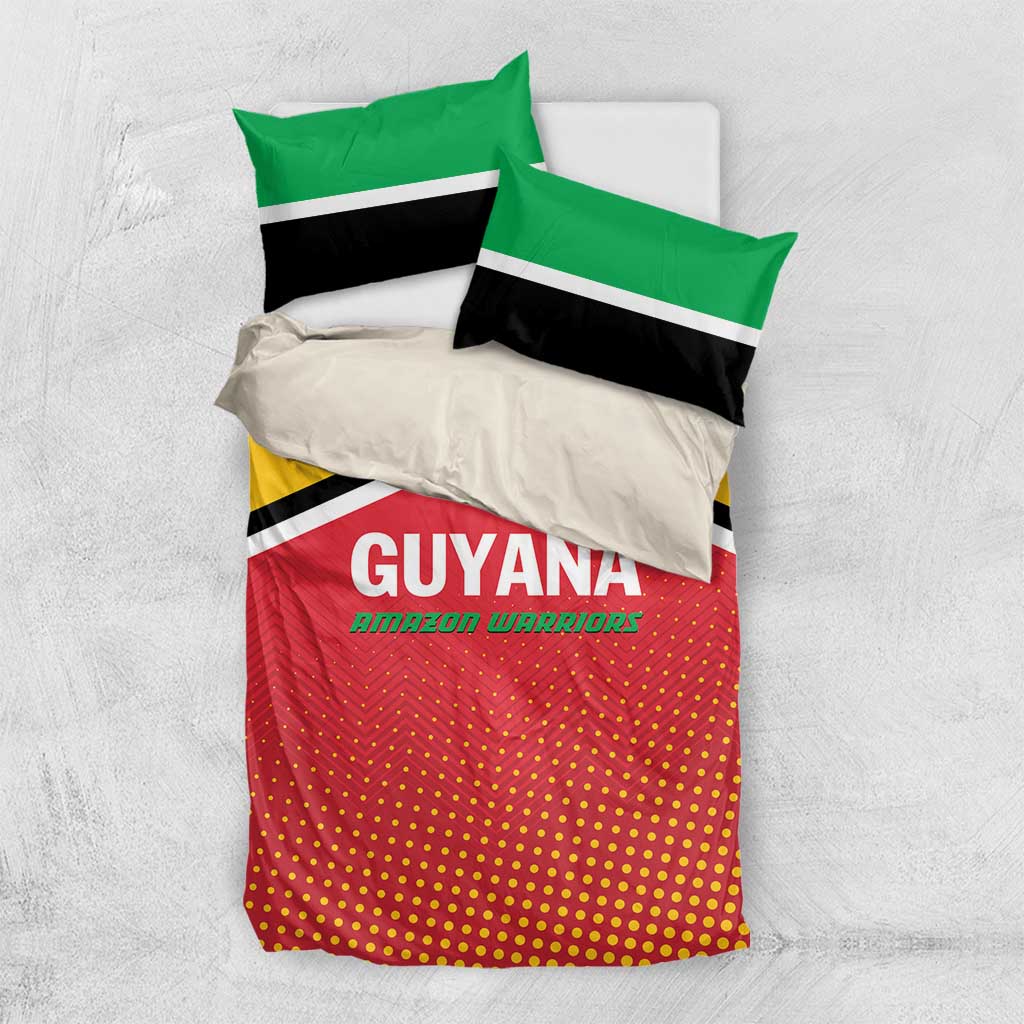 Guyana duvet set with red dotted pattern, yellow accents, two green-and-black striped pillows