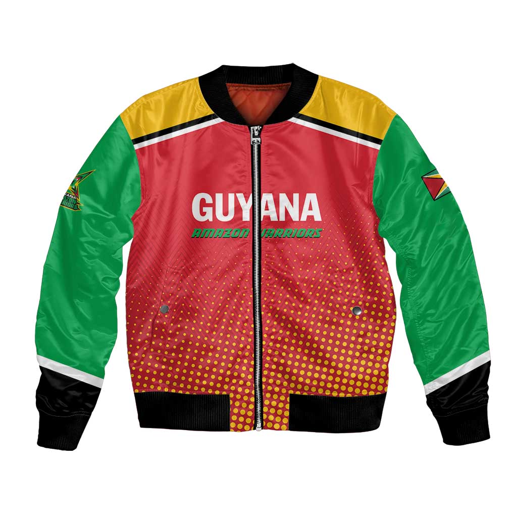 Red, green and yellow varsity bomber jacket with full-zip, ribbed cuffs; Guyana logo