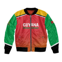 Red, green and yellow varsity bomber jacket with full-zip, ribbed cuffs; Guyana logo