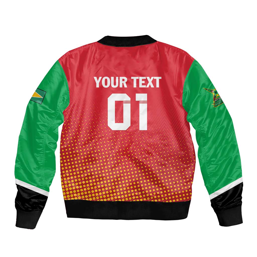 Red bomber jacket with green sleeves, ribbed hem; dotted panel and back 'YOUR TEXT 01'