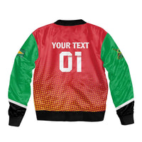 Red bomber jacket with green sleeves, ribbed hem; dotted panel and back 'YOUR TEXT 01'