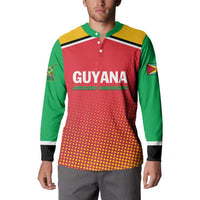 Cricket button-up sweatshirt in red and green with Guyana front graphic, on model