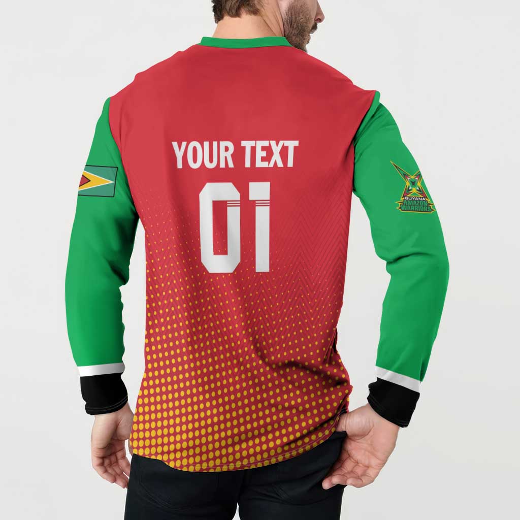 Cricket button-up sweatshirt back in red, green, and yellow with 'YOUR TEXT' 01, on model