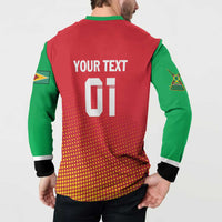 Cricket button-up sweatshirt back in red, green, and yellow with 'YOUR TEXT' 01, on model