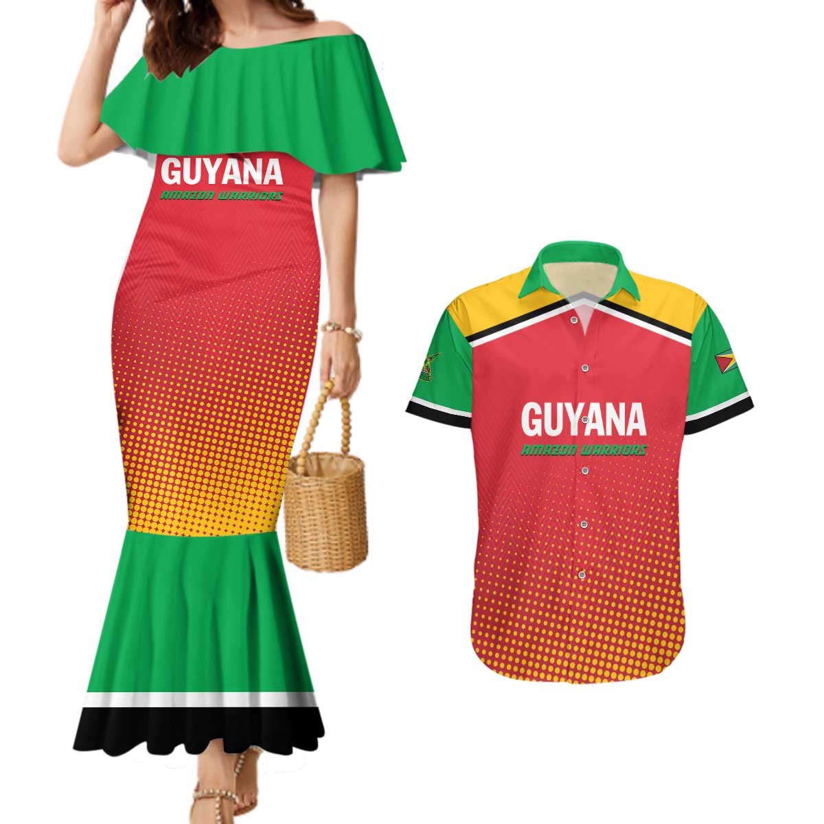 Custom Guyana Cricket Amazon Warriors Couples Matching Mermaid Dress and Hawaiian Shirt All The Way Champions - Wonder Print Shop