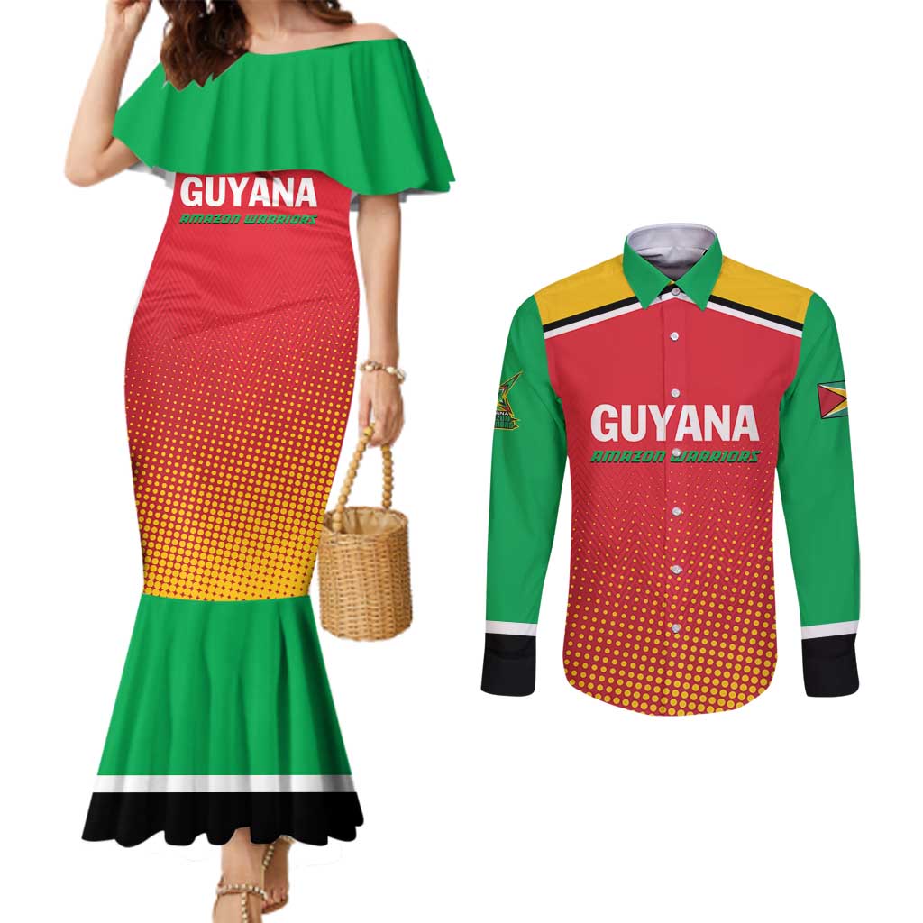 Custom Guyana Cricket Amazon Warriors Couples Matching Mermaid Dress and Long Sleeve Button Shirt All The Way Champions