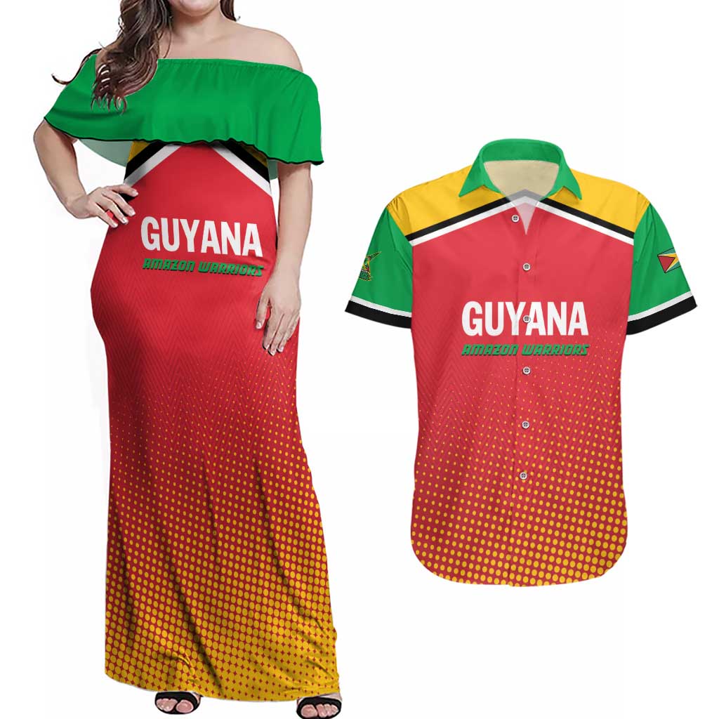 Custom Guyana Cricket Amazon Warriors Couples Matching Off Shoulder Maxi Dress and Hawaiian Shirt All The Way Champions - Wonder Print Shop