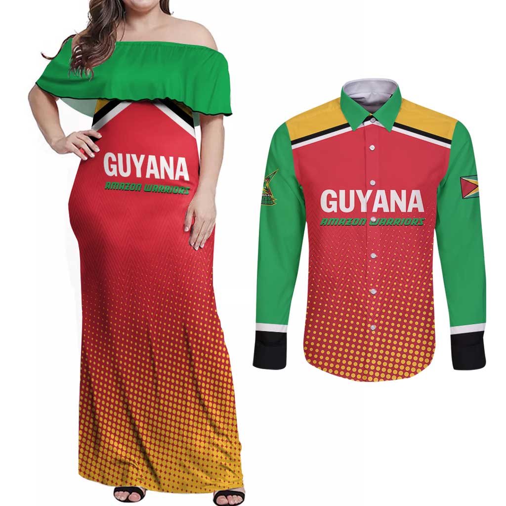 Custom Guyana Cricket Amazon Warriors Couples Matching Off Shoulder Maxi Dress and Long Sleeve Button Shirt All The Way Champions - Wonder Print Shop