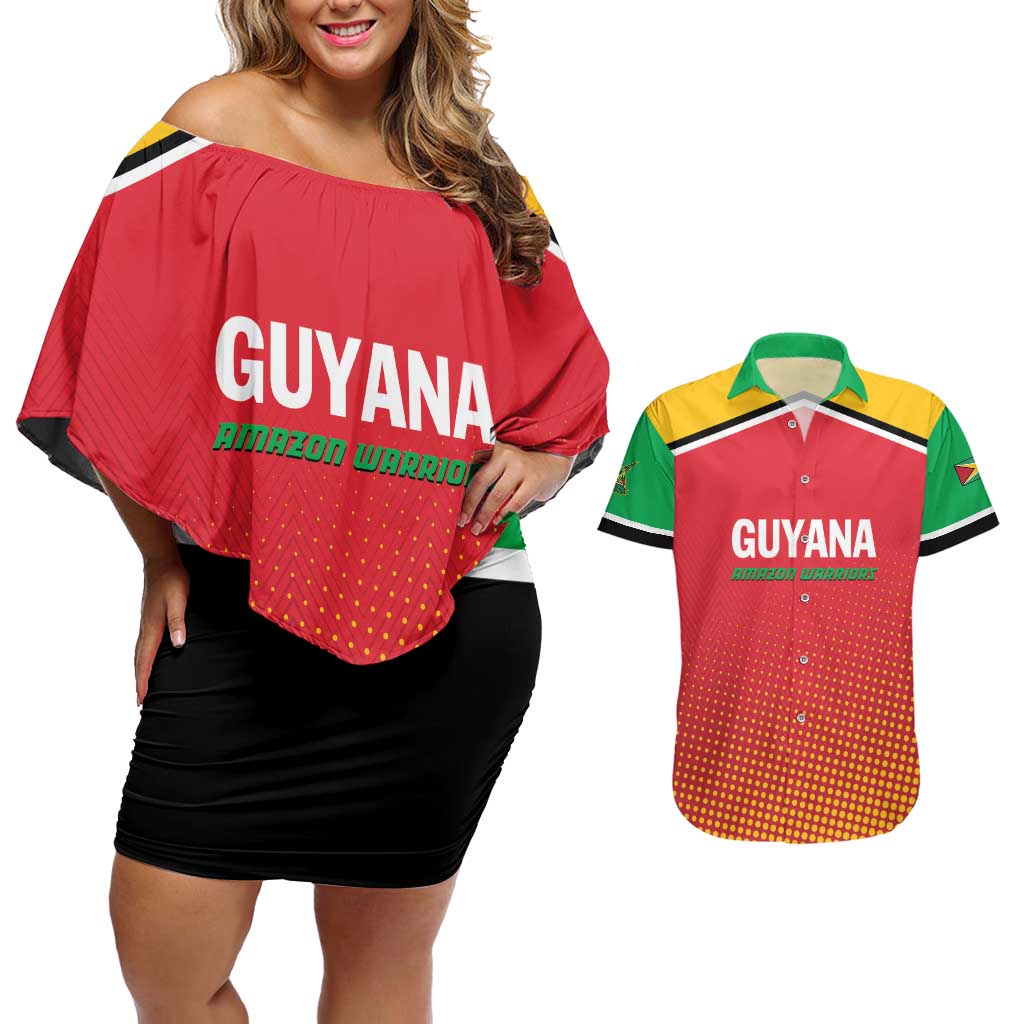 Custom Guyana Cricket Amazon Warriors Couples Matching Off Shoulder Short Dress and Hawaiian Shirt All The Way Champions - Wonder Print Shop