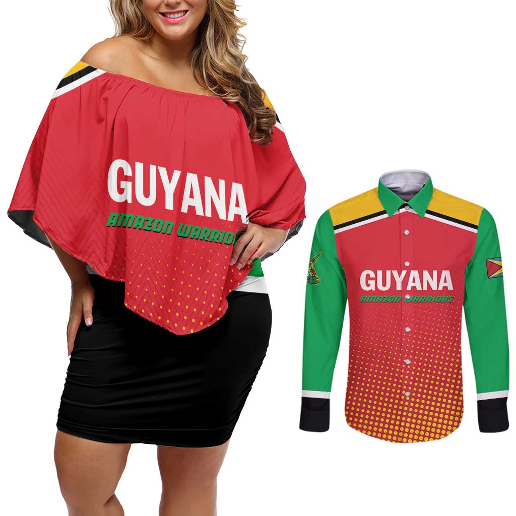 Custom Guyana Cricket Amazon Warriors Couples Matching Off Shoulder Short Dress and Long Sleeve Button Shirt All The Way Champions - Wonder Print Shop