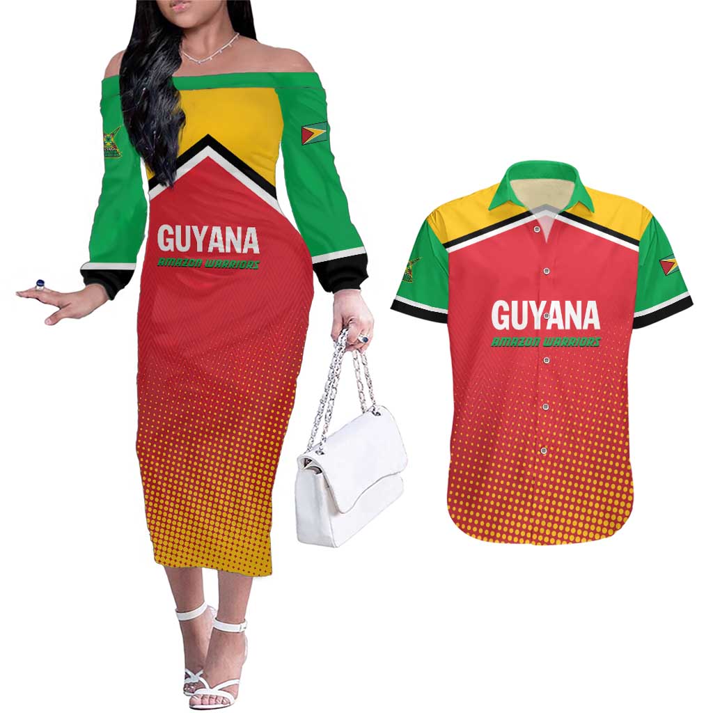 Custom Guyana Cricket Amazon Warriors Couples Matching Off The Shoulder Long Sleeve Dress and Hawaiian Shirt All The Way Champions - Wonder Print Shop