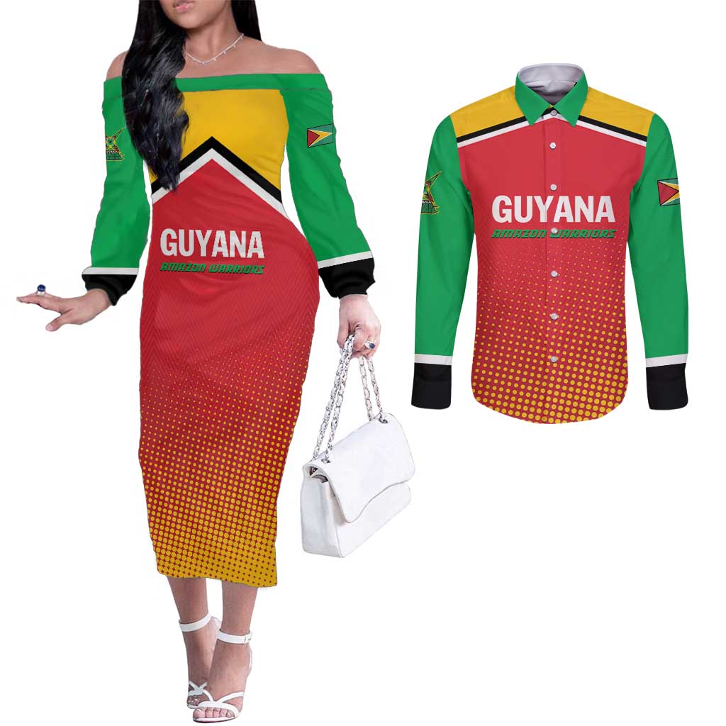 Custom Guyana Cricket Amazon Warriors Couples Matching Off The Shoulder Long Sleeve Dress and Long Sleeve Button Shirt All The Way Champions