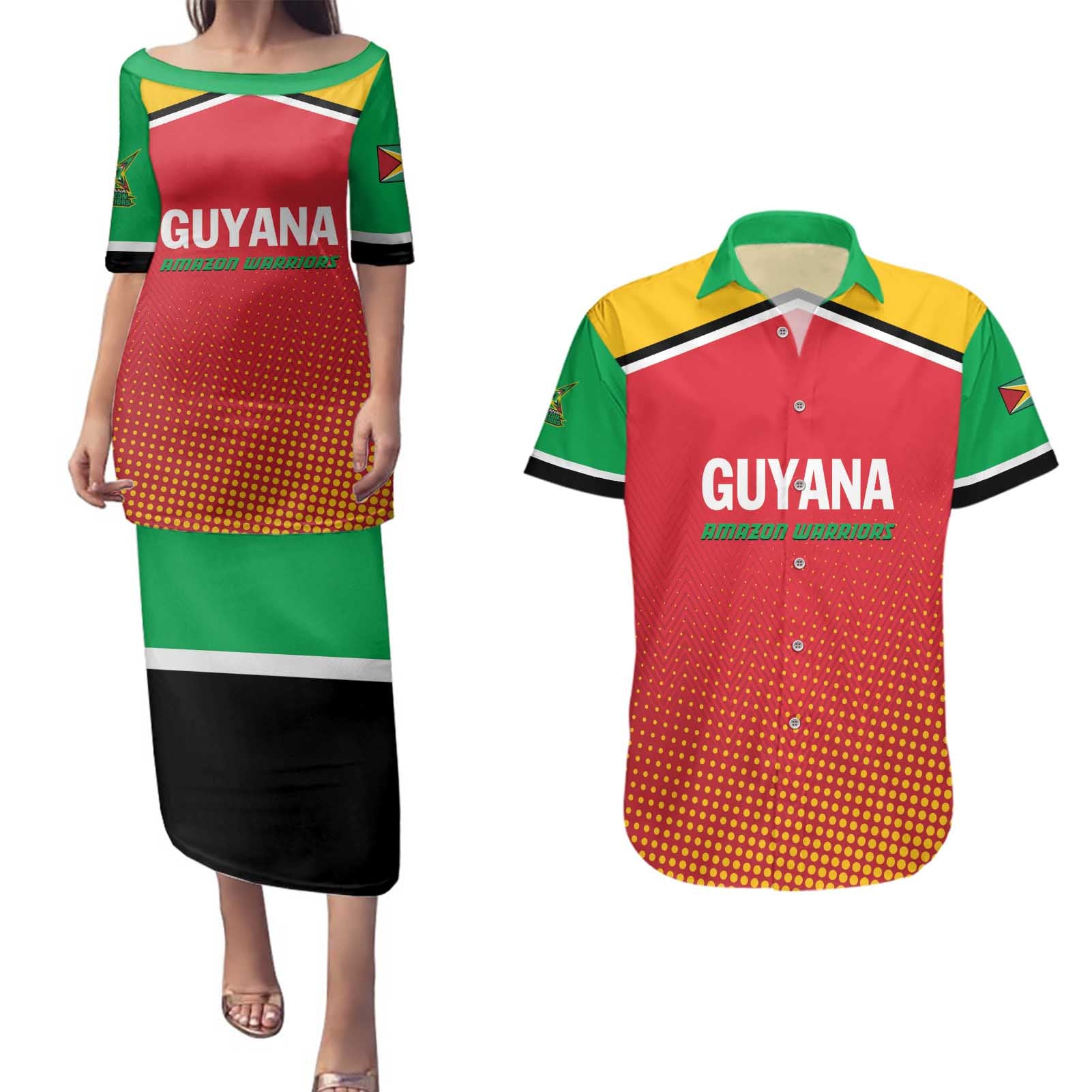 Custom Guyana Cricket Amazon Warriors Couples Matching Puletasi and Hawaiian Shirt All The Way Champions - Wonder Print Shop