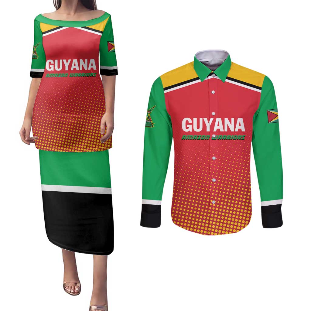 Custom Guyana Cricket Amazon Warriors Couples Matching Puletasi and Long Sleeve Button Shirt All The Way Champions - Wonder Print Shop