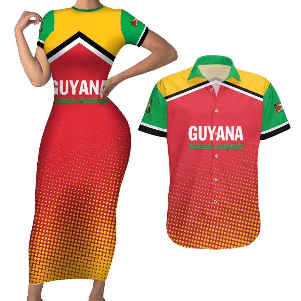 Custom Guyana Cricket Amazon Warriors Couples Matching Short Sleeve Bodycon Dress and Hawaiian Shirt All The Way Champions - Wonder Print Shop