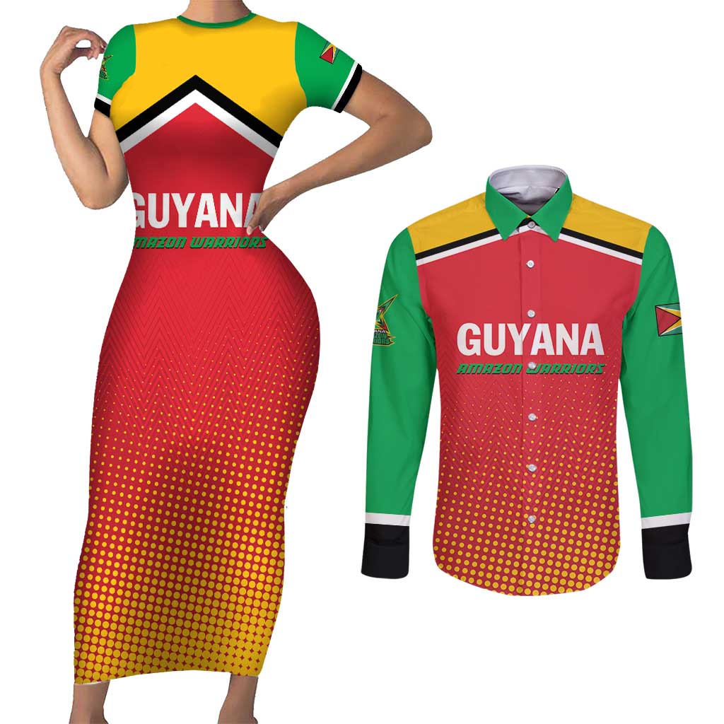 Custom Guyana Cricket Amazon Warriors Couples Matching Short Sleeve Bodycon Dress and Long Sleeve Button Shirt All The Way Champions - Wonder Print Shop