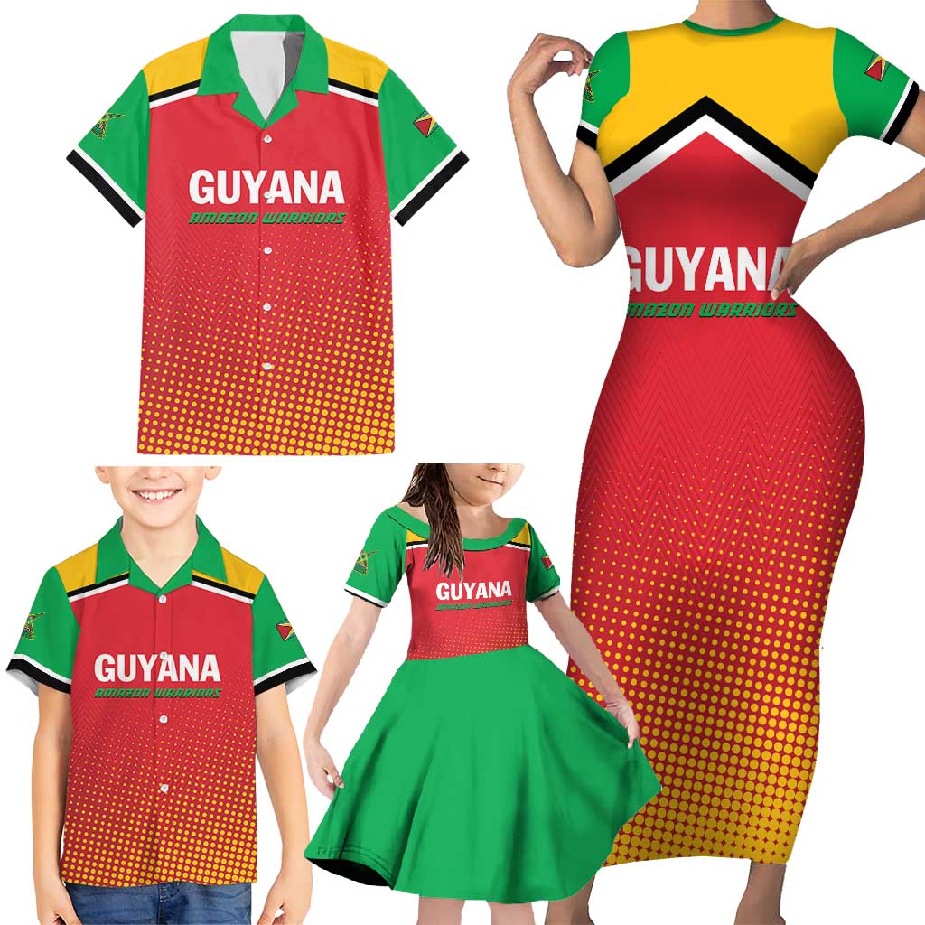 Custom Guyana Cricket Amazon Warriors Family Matching Short Sleeve Bodycon Dress and Hawaiian Shirt All The Way Champions - Wonder Print Shop